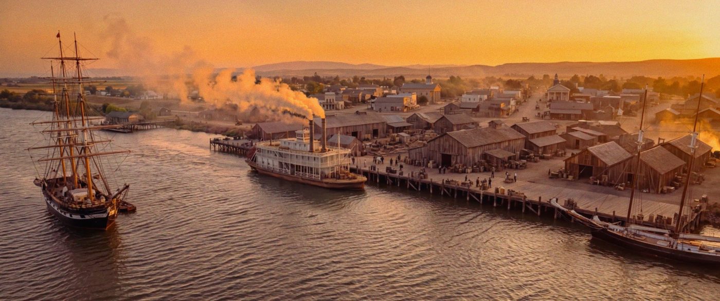 A river town at sunset with a paddle steamer at the dock and tall ships on the water.